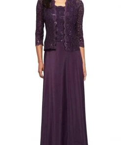 Alex Evenings - 2121198 Lace Quarter Sleeve Jacket Long Gown