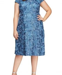 Alex Evenings - 4121570 Lace Cap Sleeves Plus Size Knee Length Dress
