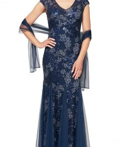 Alex Evenings - 8117897 V-Neck Floral Embroidered Gown With Shawl 8 Alex Evenings - 8117897 V-Neck Floral Embroidered Gown With Shawl