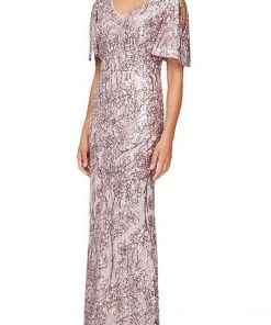 Alex Evenings - 8196611 Flutter Sleeves Sequined Long Gown