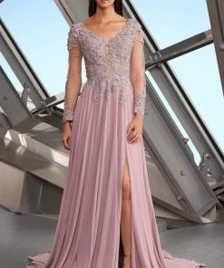 Alexander By Daymor - 1157 Beaded Appliqued High Slit Chiffon Dress