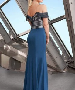 Alexander By Daymor - 1163 Crisscross Stripe Ornate Off Shoulder Dress