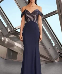 Alexander By Daymor - 1163 Crisscross Stripe Ornate Off Shoulder Dress