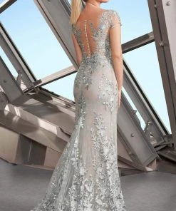 Alexander By Daymor - 1189 Short Sleeve Illusion Floral Lace Gown