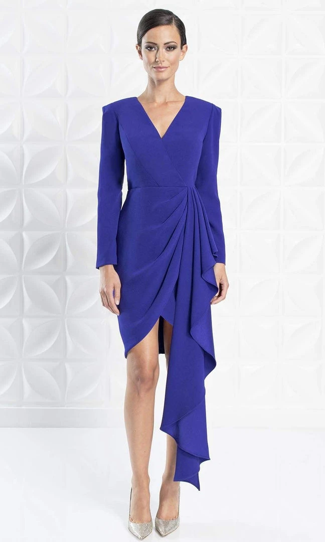 Alexander By Daymor - 1251 Long Sleeve Ruffle Drape Short Formal Dress 7 Alexander By Daymor - 1251 Long Sleeve Ruffle Drape Short Formal Dress