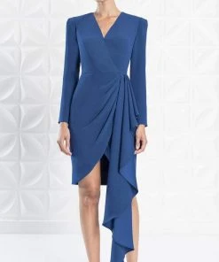 Alexander By Daymor - 1251 Long Sleeve Ruffle Drape Short Formal Dress