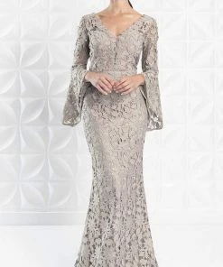 Alexander By Daymor - 1276 Circular Flounce V-Neck Floral Lace Gown