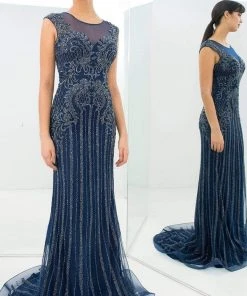 Alexander By Daymor - 1370 Illusion Bugle Beaded Long Dress