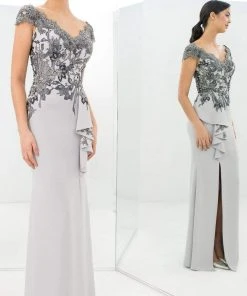 Alexander By Daymor - 1392 Wide V Neck Floral Embroidered Gown 7 Alexander By Daymor - 1392 Wide V Neck Floral Embroidered Gown