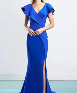 Alexander By Daymor - 1456 Cap Sleeves V-Neck Trumpet Gown With Slit