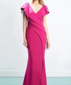 Alexander By Daymor - 1456 Cap Sleeves V-Neck Trumpet Gown With Slit