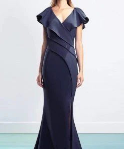 Alexander By Daymor - 1456 Cap Sleeves V-Neck Trumpet Gown With Slit