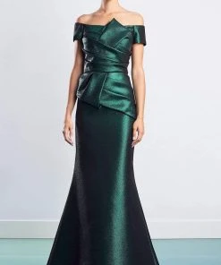 Alexander By Daymor - 1477 Off Shoulder Pleated Metallic Gown 13 Alexander By Daymor - 1477 Off Shoulder Pleated Metallic Gown