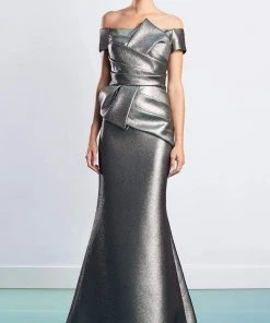 Alexander By Daymor - 1477 Off Shoulder Pleated Metallic Gown