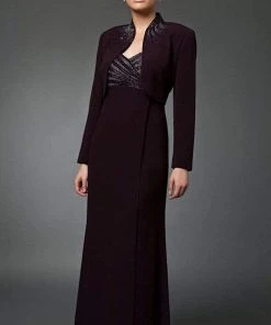 Alexander By Daymor - 3112 Beaded V-neck Dress With Long Sleeve Bolero