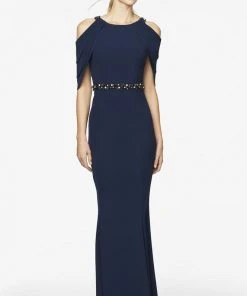 Alexander By Daymor 350 Cutaway Draped Cold Shoulder Long Sheath Gown