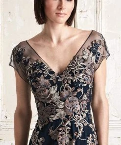 Alexander By Daymor - 758 Floral Embroidered Wide V-neck A-line Dress
