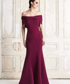 Alexander By Daymor - 767 Draping Ribbon Paneled Off Shoulder Gown