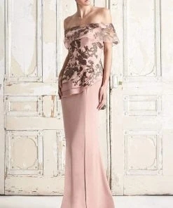 Alexander By Daymor - Embroidered Off Shoulder Peplum Long Gown 773 - 1 Pc Slate In Size 14 Available