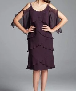Alexander By Daymor - Scoop Neck Petal Cold Shoulder Dress 381 - 1 Pc Aubergine In Size 10 Available