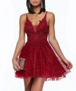 Alyce Paris - 3949 Plunging V Neck A-Line Short Dress