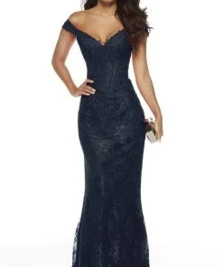 Alyce Paris - 60650 Off Shoulder Jeweled Lace Sheath Gown