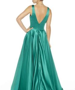 Alyce Paris - 60707 Plunging V-Neck Luxe Satin A-Line Dress