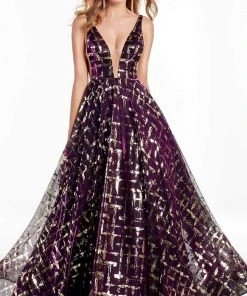 Alyce Paris - 60869 Plunging Gold Lattice Motif A-Line Gown