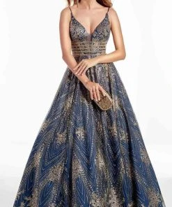 Alyce Paris - 60870 Deep V Neck Glitter Tulle A-line Gown