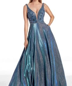 Alyce Paris - 60874 Embellished Deep V Neck Glitter Chrome A-line Gown