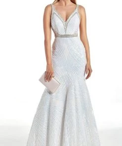 Alyce Paris - 60915 Sequin Striped Illusion Side Midriff Trumpet Gown