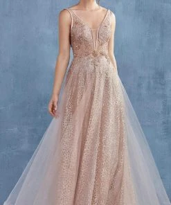 Andrea And Leo - A0680 Beaded Illusion Bodice Glitter A-Line Gown