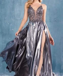 Andrea And Leo - A0742 Beaded Plunging V Neck Dress With Slits 11 Andrea And Leo - A0742 Beaded Plunging V Neck Dress With Slits