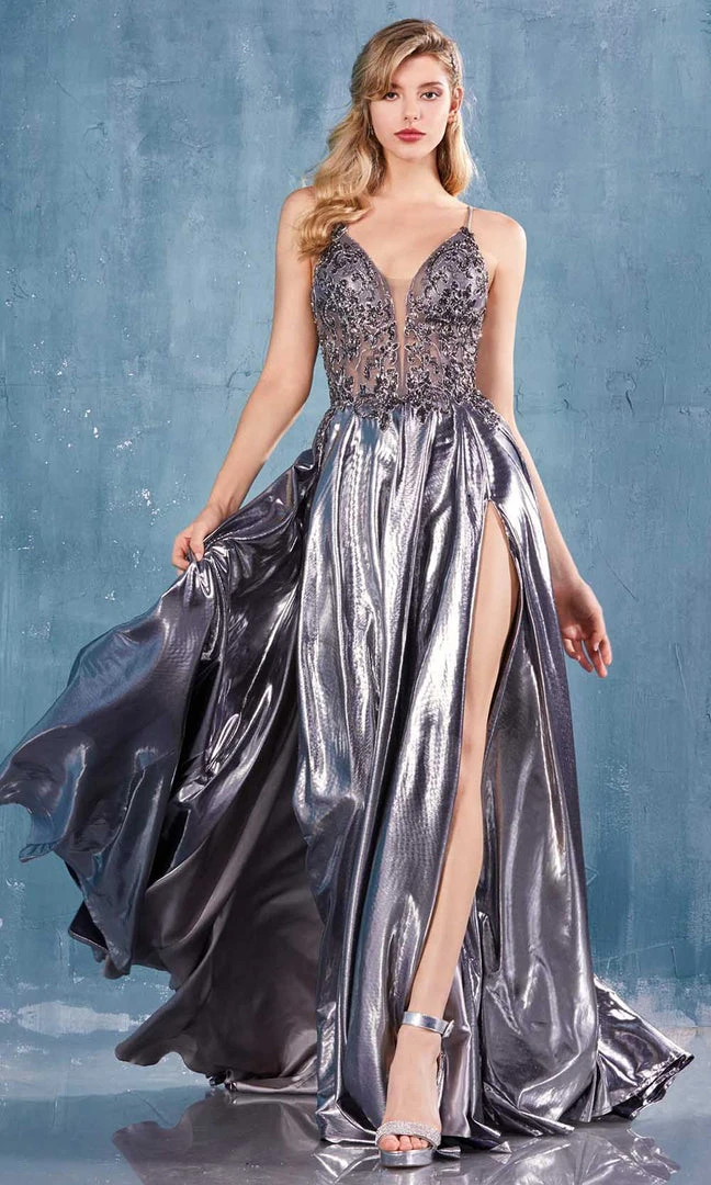 Andrea And Leo - A0742 Beaded Plunging V Neck Dress With Slits 5 Andrea And Leo - A0742 Beaded Plunging V Neck Dress With Slits