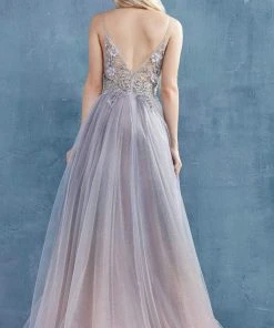 Andrea And Leo - A0850 Applique Deep V Neck A-Line Gown