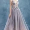 Andrea And Leo - A0850 Applique Deep V Neck A-Line Gown