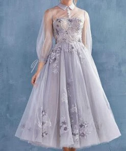 Andrea And Leo - A0862 Embroidered Lace Long Sleeve A-Line Dress