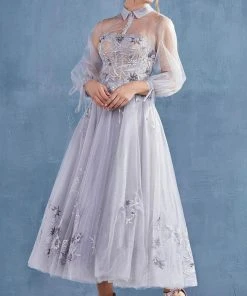 Andrea And Leo - A0862 Embroidered Lace Long Sleeve A-Line Dress