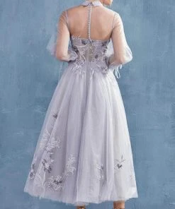 Andrea And Leo - A0862 Embroidered Lace Long Sleeve A-Line Dress