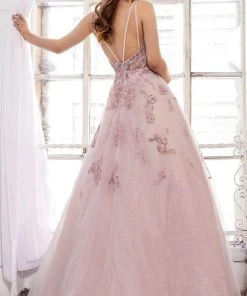Andrea And Leo - A0892 Floral Embroidered V Neck Ballgown