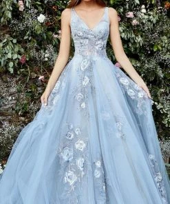 Andrea And Leo - A0893 Floral Embroidered A-Line Gown