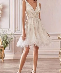 Andrea And Leo - A1012 Multi-Beaded Fit And Flare Feather Hem Dress