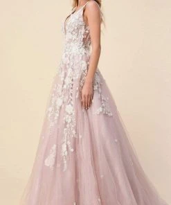 Andrea And Leo - A1028 Floral Applique Deep V Neck Ballgown 8 Andrea And Leo - A1028 Floral Applique Deep V Neck Ballgown