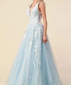 Andrea And Leo - A1028 Floral Applique Deep V Neck Ballgown 9 Andrea And Leo - A1028 Floral Applique Deep V Neck Ballgown