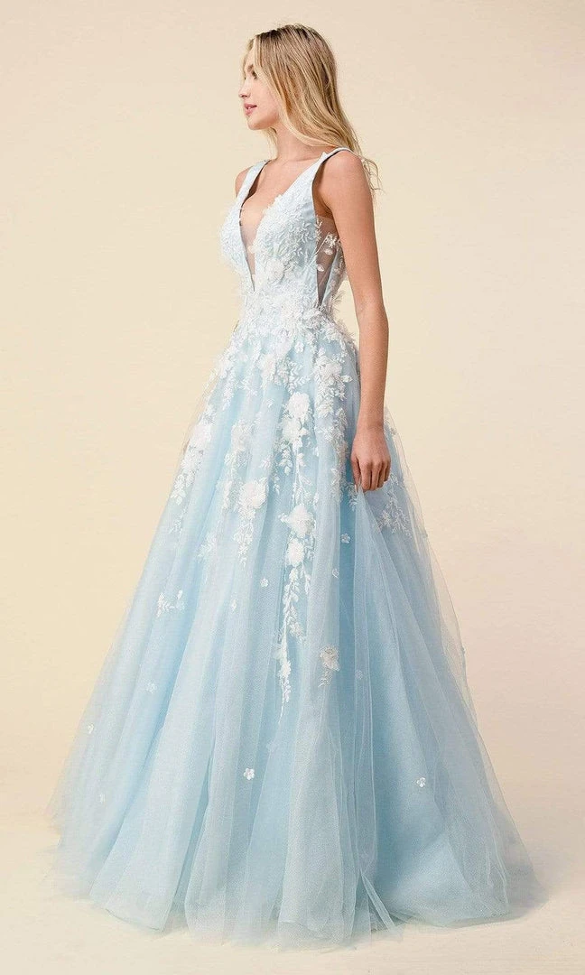 Andrea And Leo - A1028 Floral Applique Deep V Neck Ballgown 6 Andrea And Leo - A1028 Floral Applique Deep V Neck Ballgown