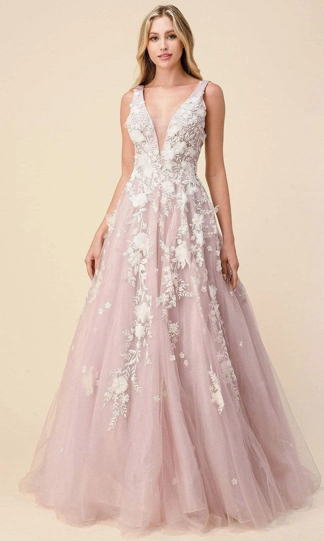 Andrea And Leo - A1028 Floral Applique Deep V Neck Ballgown 3 Andrea And Leo - A1028 Floral Applique Deep V Neck Ballgown