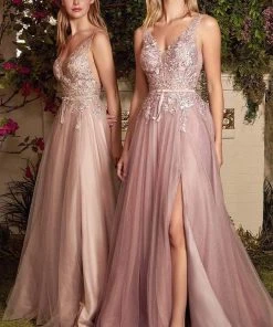 Andrea And Leo - A1045 Appliqued Tulle High Slit Gown