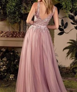 Andrea And Leo - A1045 Appliqued Tulle High Slit Gown