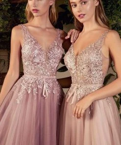 Andrea And Leo - A1045 Appliqued Tulle High Slit Gown