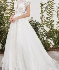 Andrea And Leo A1082W - Lace Applique Cap Sleeve A-Line Dress